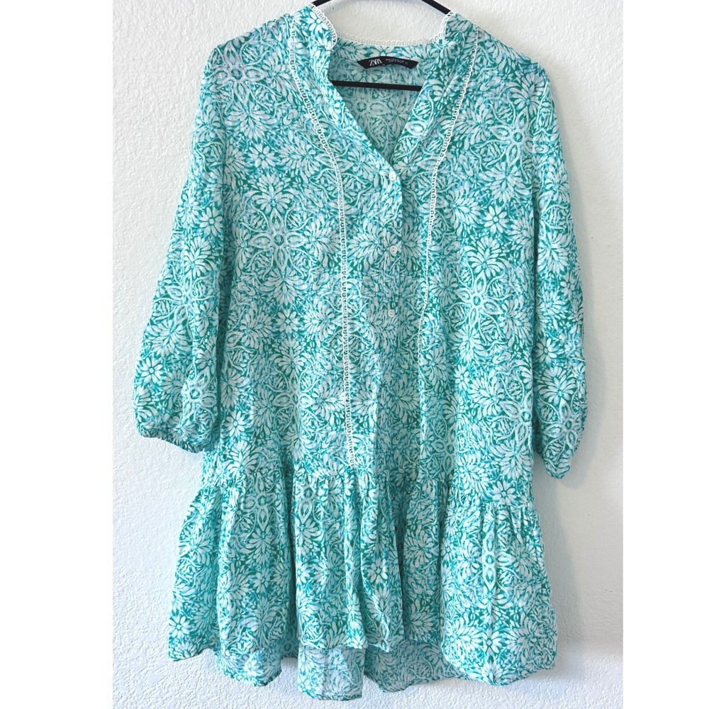 Zara Boho Floral Teal White Mandala‎ Mini Dress Ruffle Hem Crochet Trim SZ S